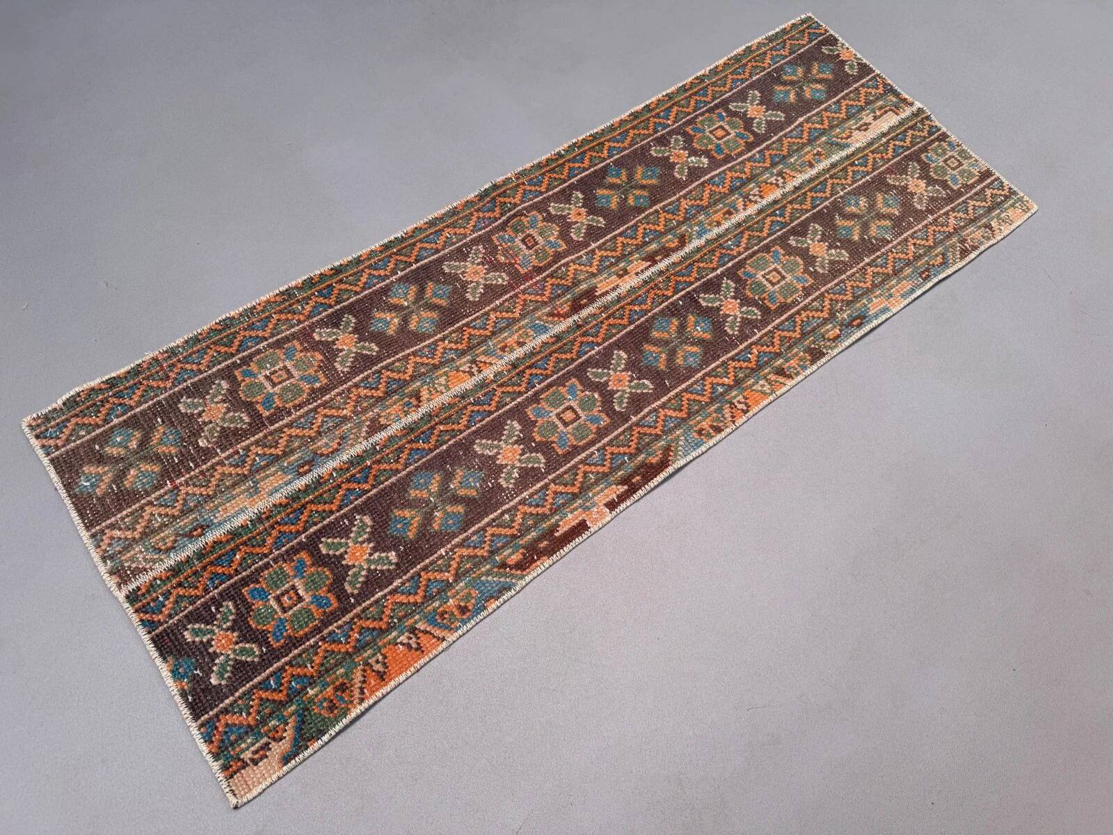 Distressed Turkish narrow runner 55x148 cm wool vintage tribal rug 2563