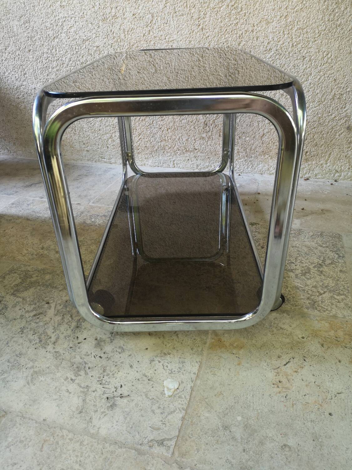 Trolley, hifi table. Smoked silver metal glass 60's