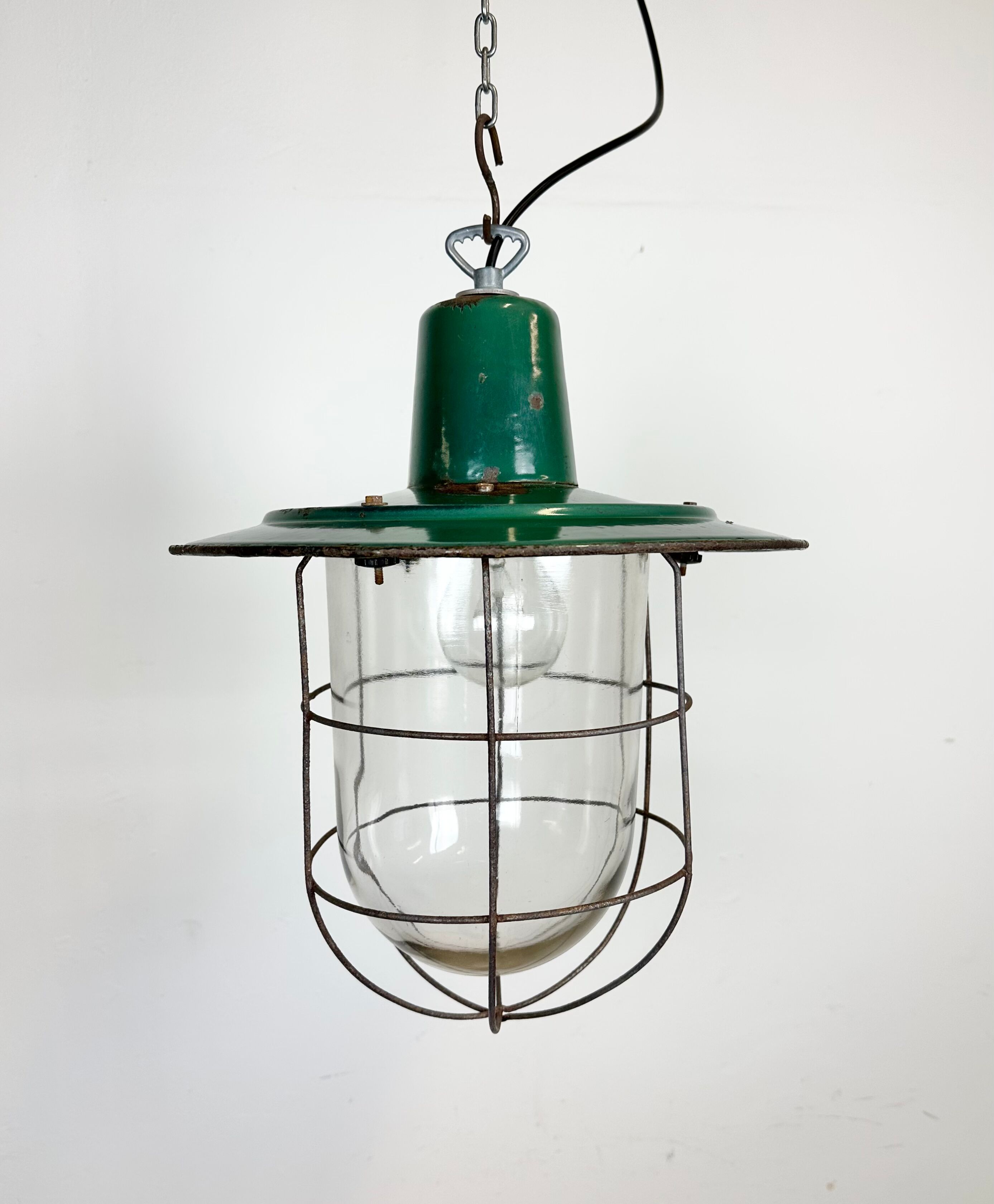 Industrial green enamel cage pendant light, 1960s