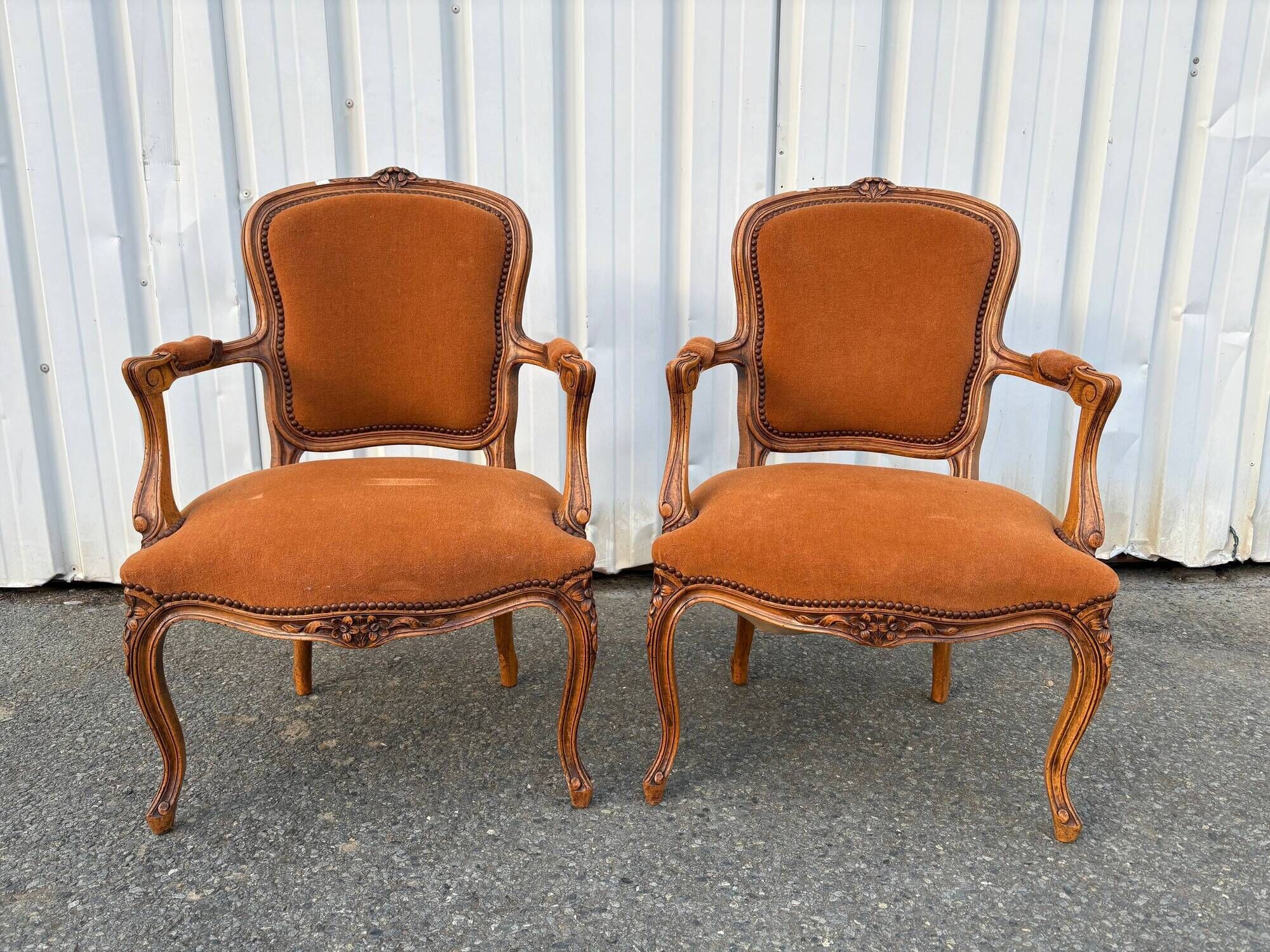 Pair of Louis XV style armchairs in ochre velvet