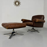 Vintage 70s brown leather ottoman chair design DE SEDE DS-31