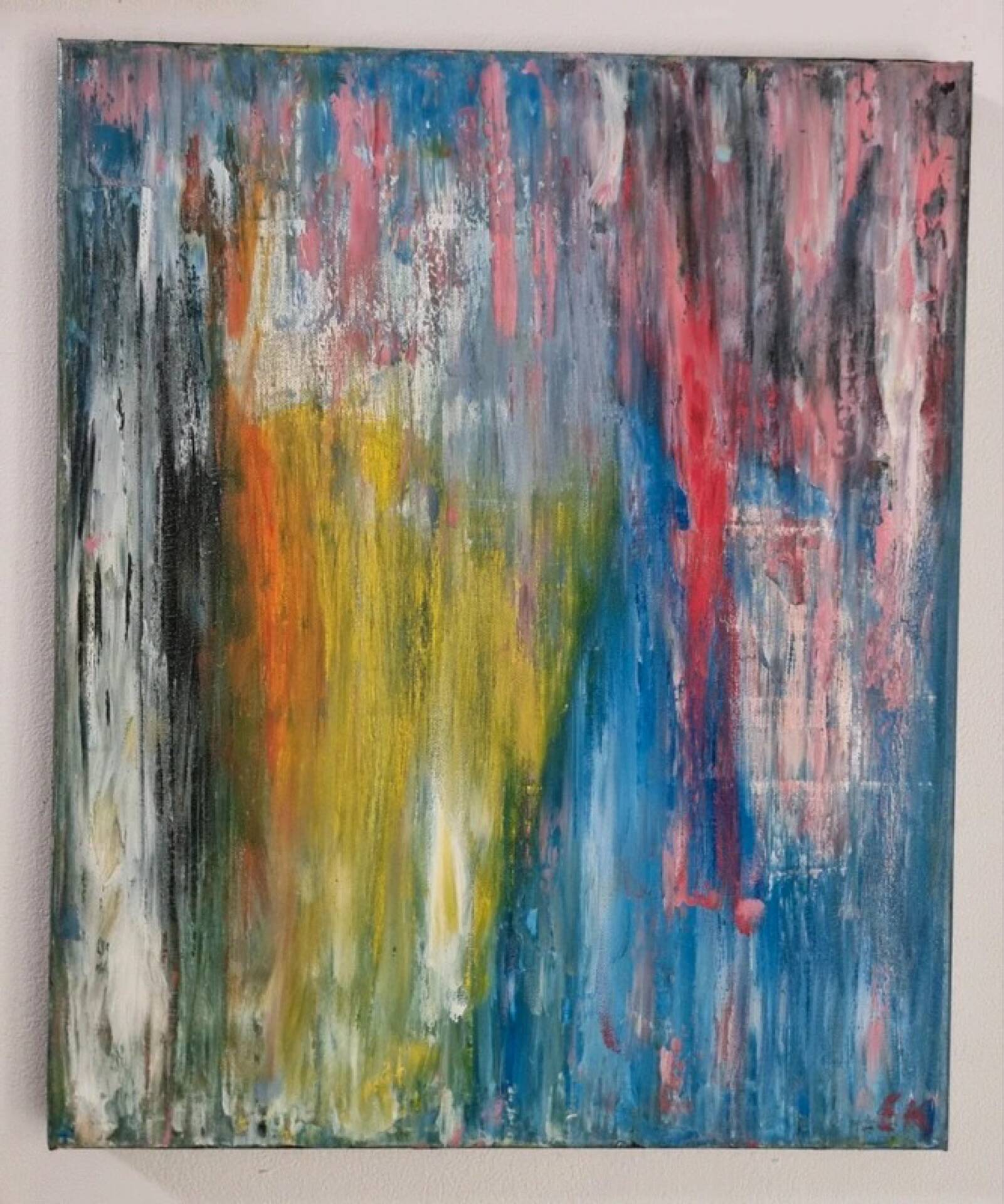Multicoloured abstract table blue yellow pink 46x38 cm painting signed