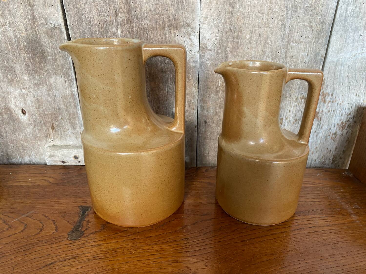 Pair of antique brenne pitchers in beige french stoneware vintage