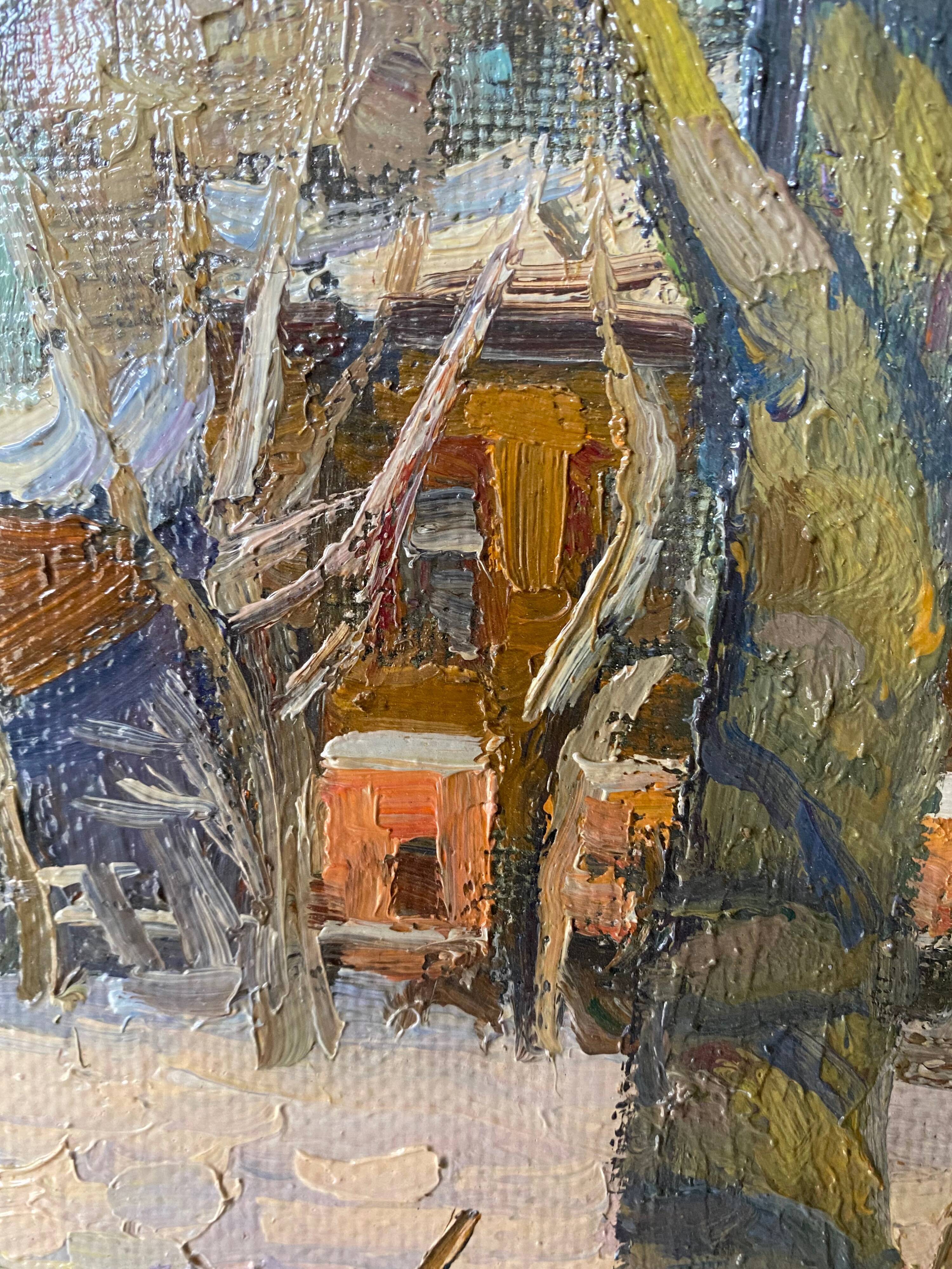 Table Russian school XX° "Animated winter landscape" Children playing signed + frame