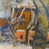 Table Russian school XX° "Animated winter landscape" Children playing signed + frame