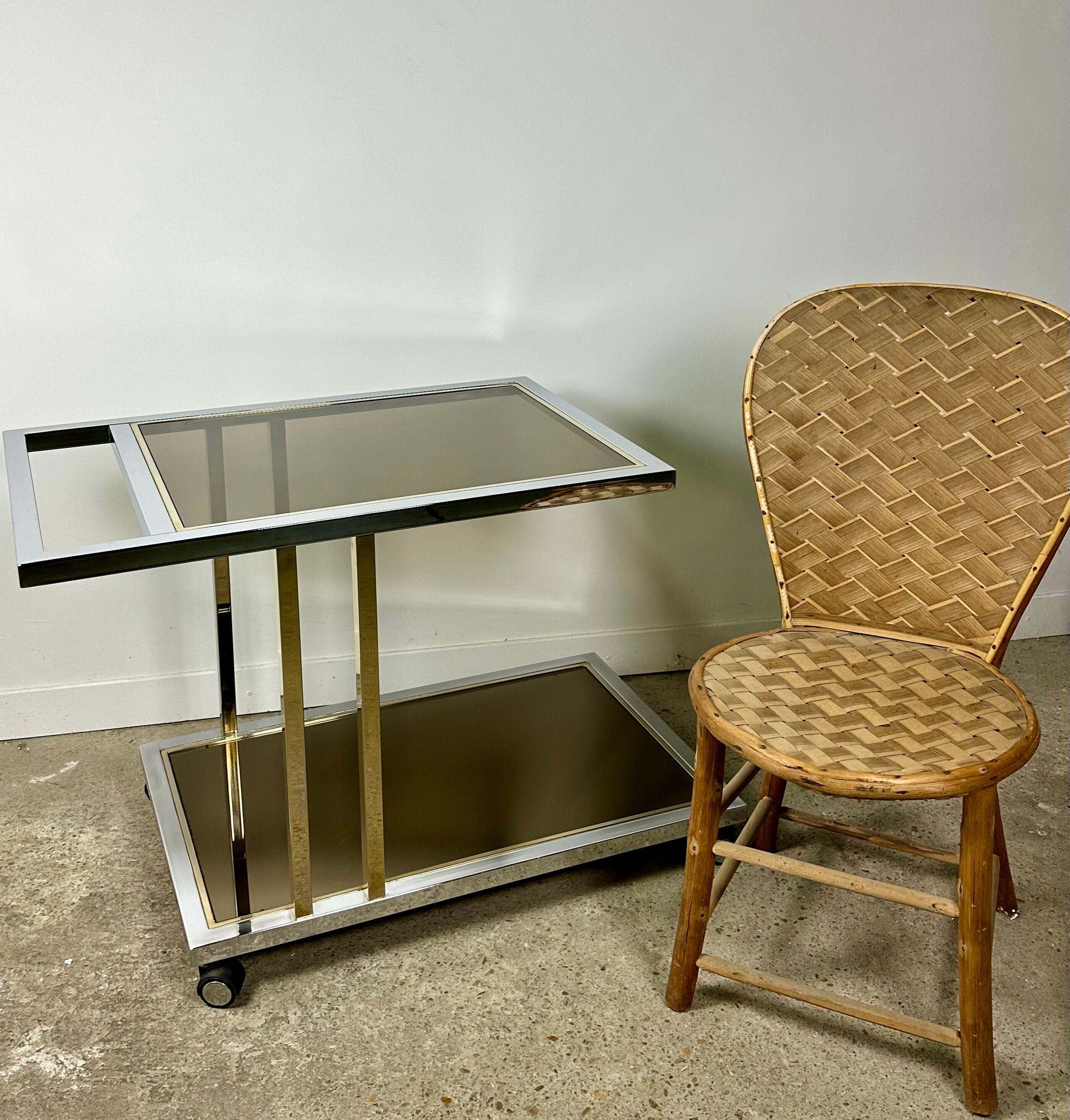 Belgo chrome serving cart/rolling table in chromed and gold-plated brass, 70s