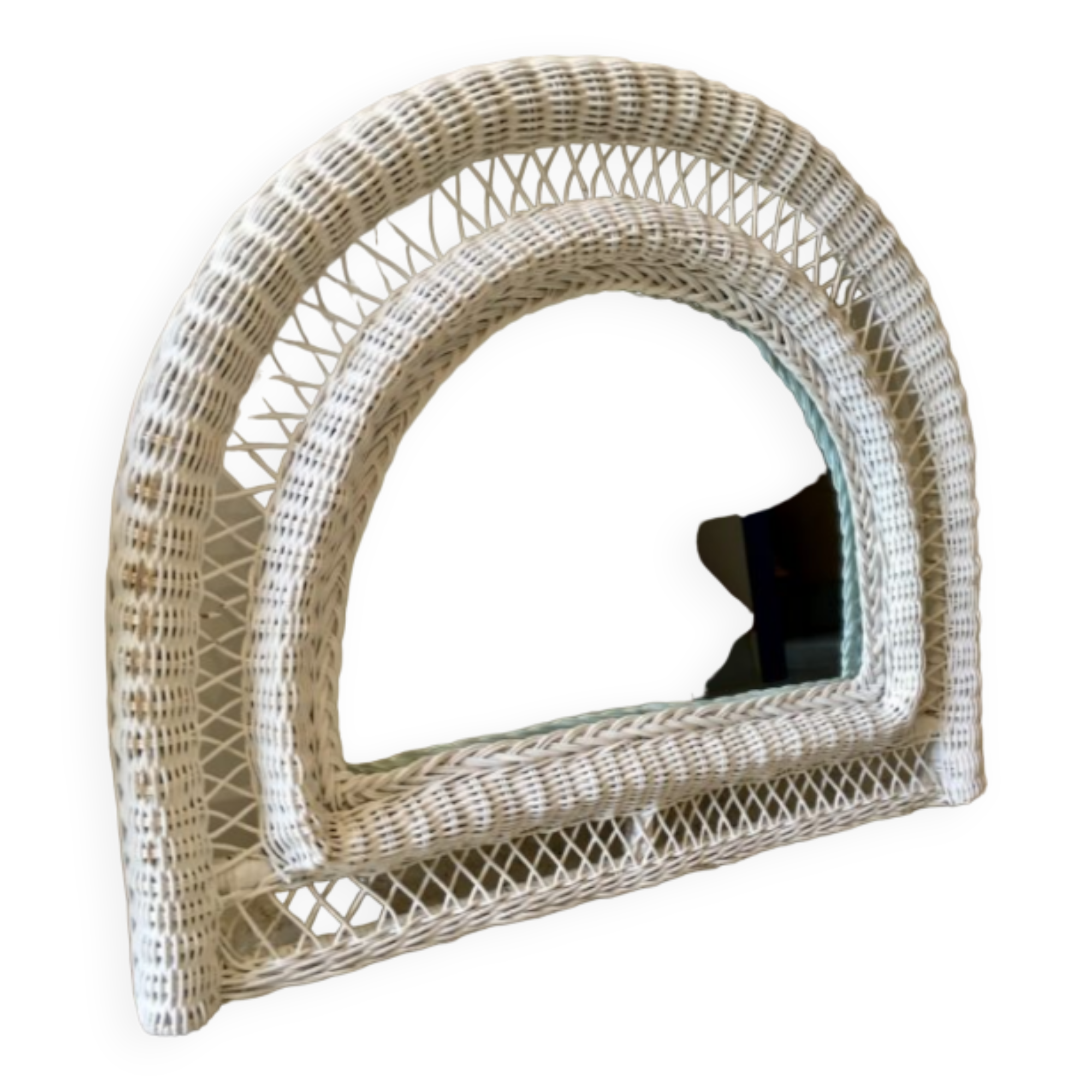 Vintage rattan mirror half moon white