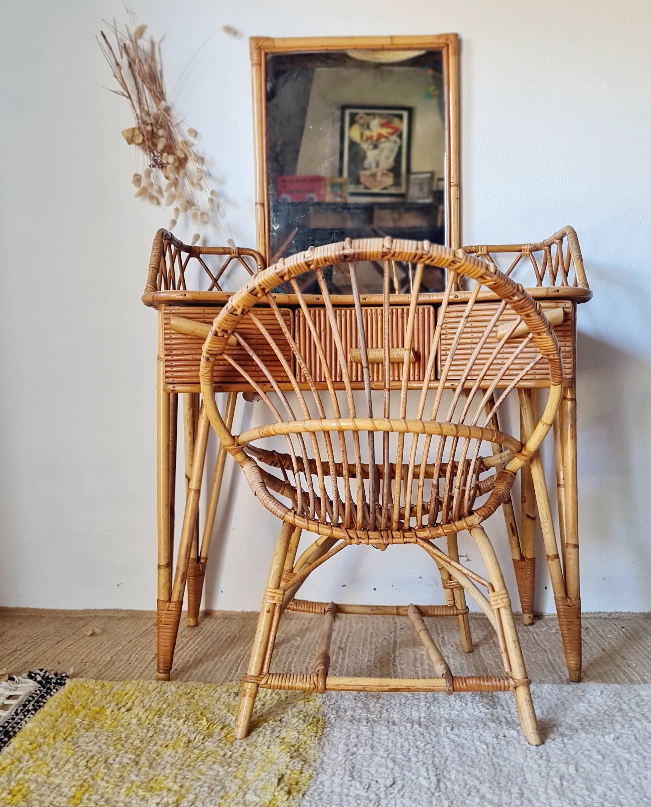 Rattan and bamboo dressing table with mirror – 1960s