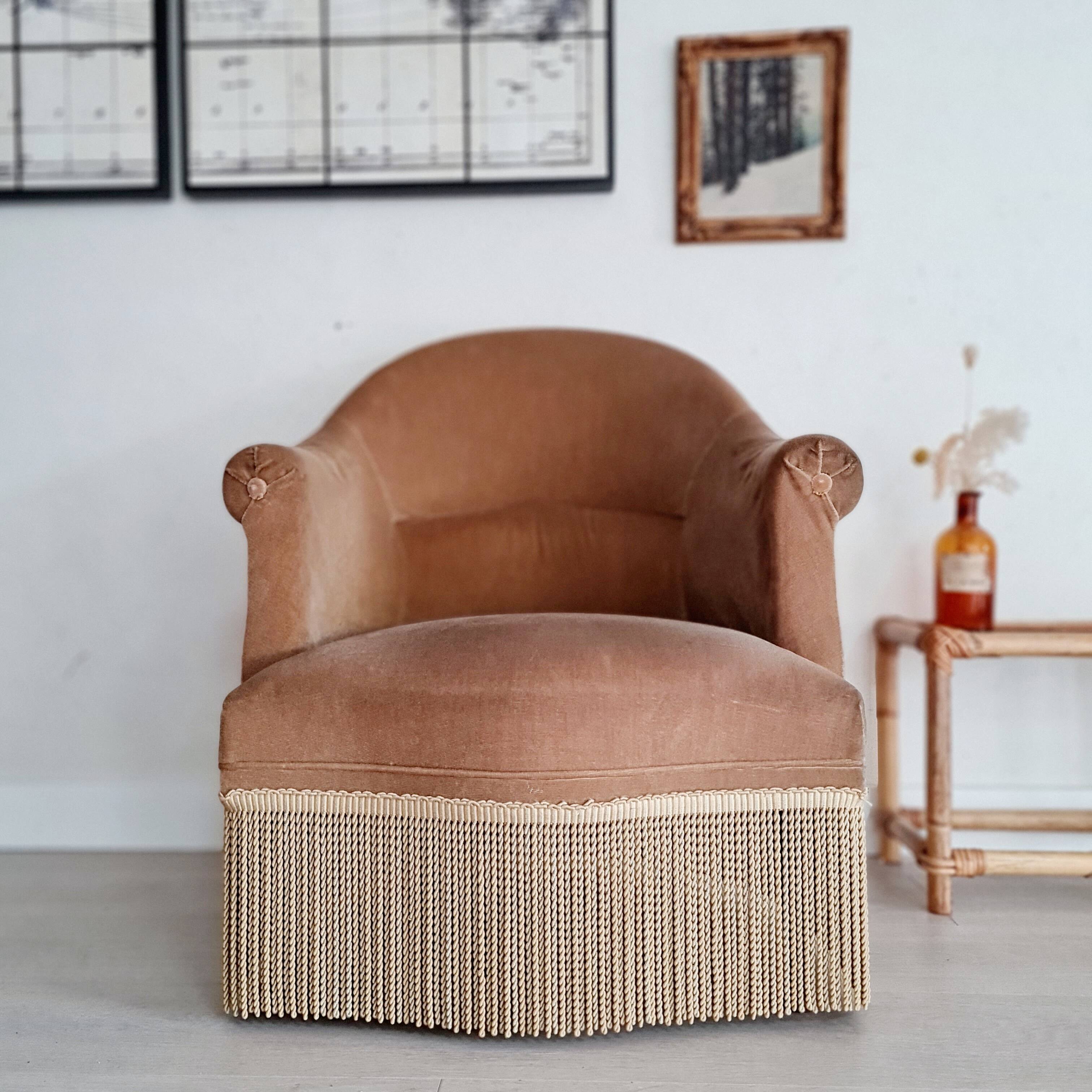 Fauteuil crapaud velours beige doré