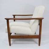 Fauteuil vintage original restauré poil de bras, designer E. Homma, années 1960, blanc bouclé