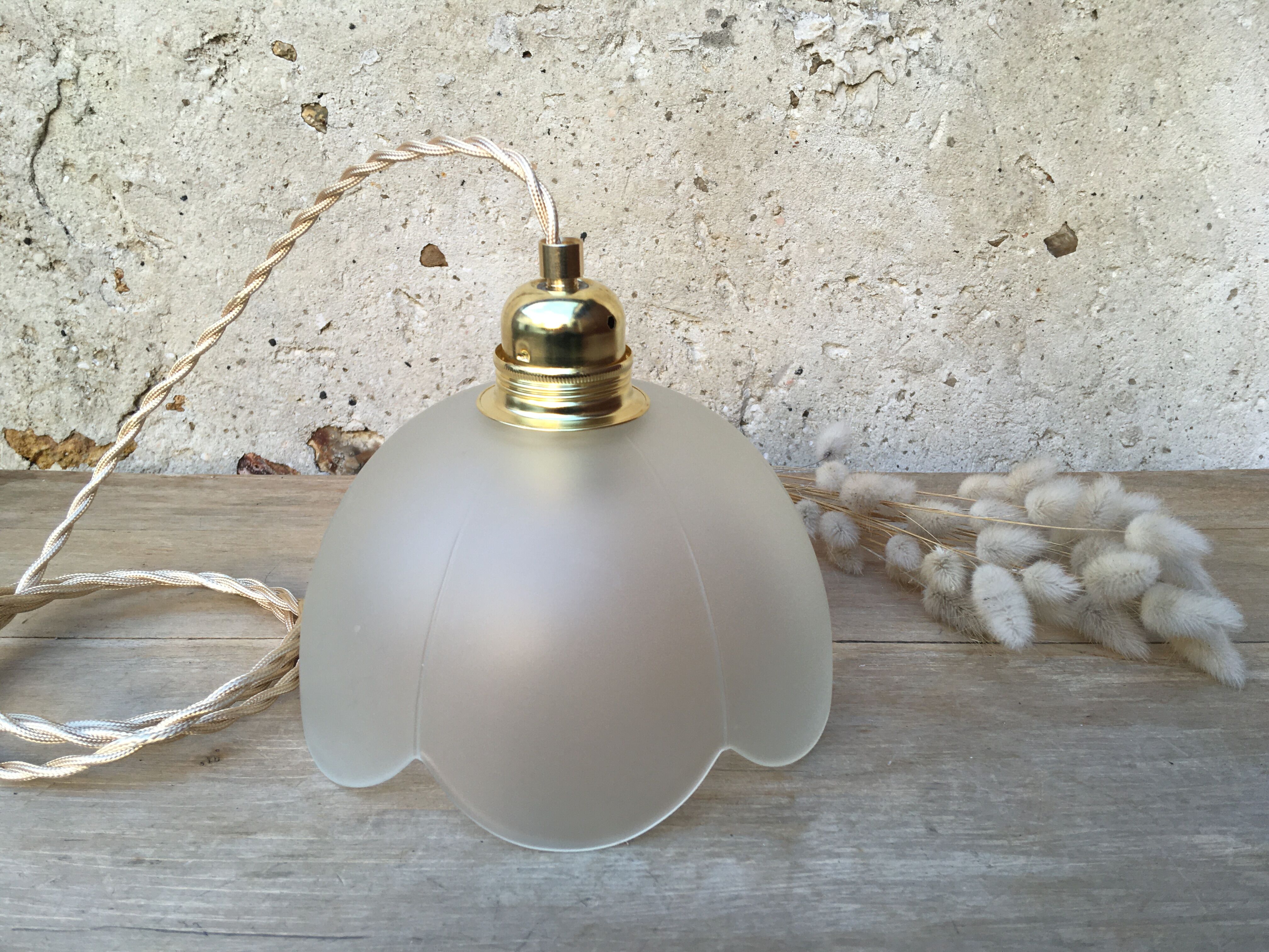 Pair of vintage flower pendants in frosted glass