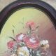 Small vintage oval painting – Raised bouquet of flowers – Retro burgundy frame