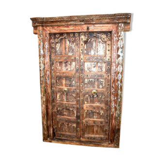 Old ancient indian door of Rajasthan in old teak wood - functional