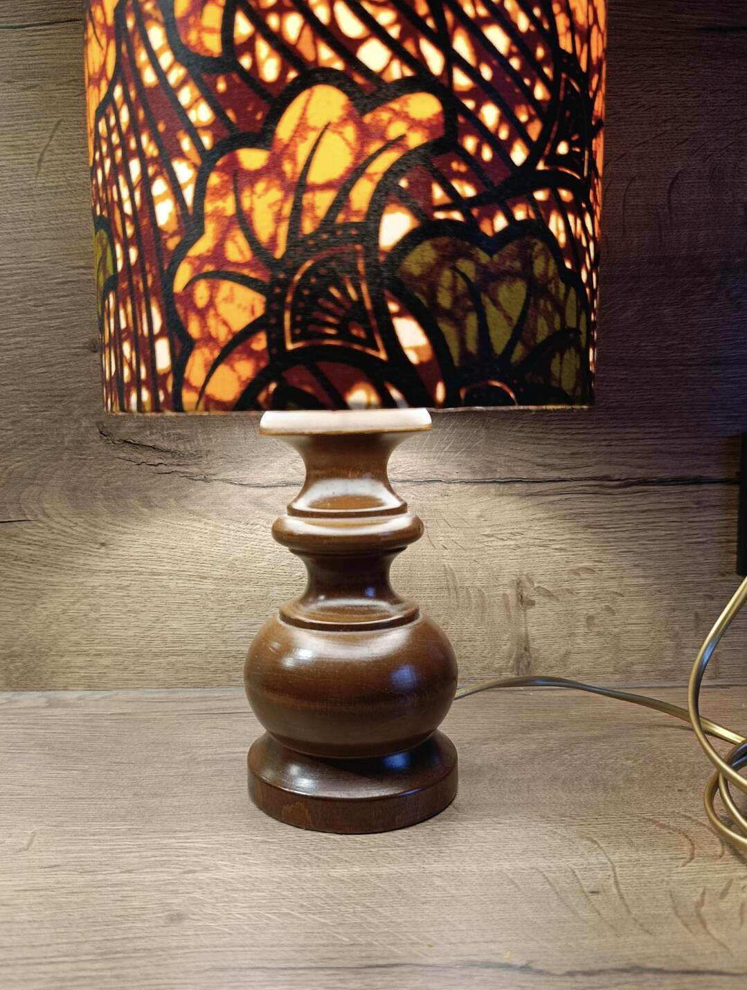 rustic chic turned wooden lamp, ethnic African wax lampshade