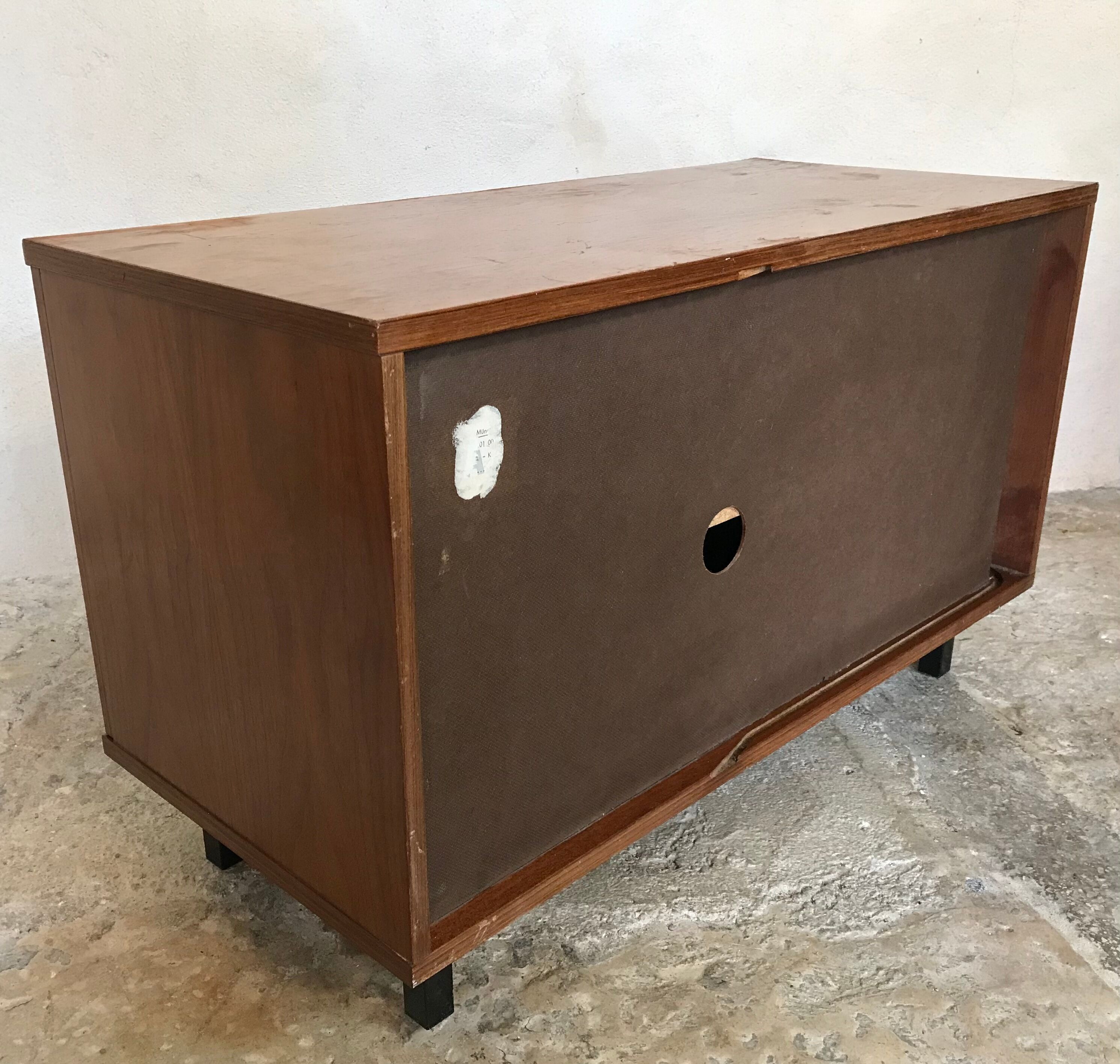 Vintage storage cabinet box on feet with sliding curtain
