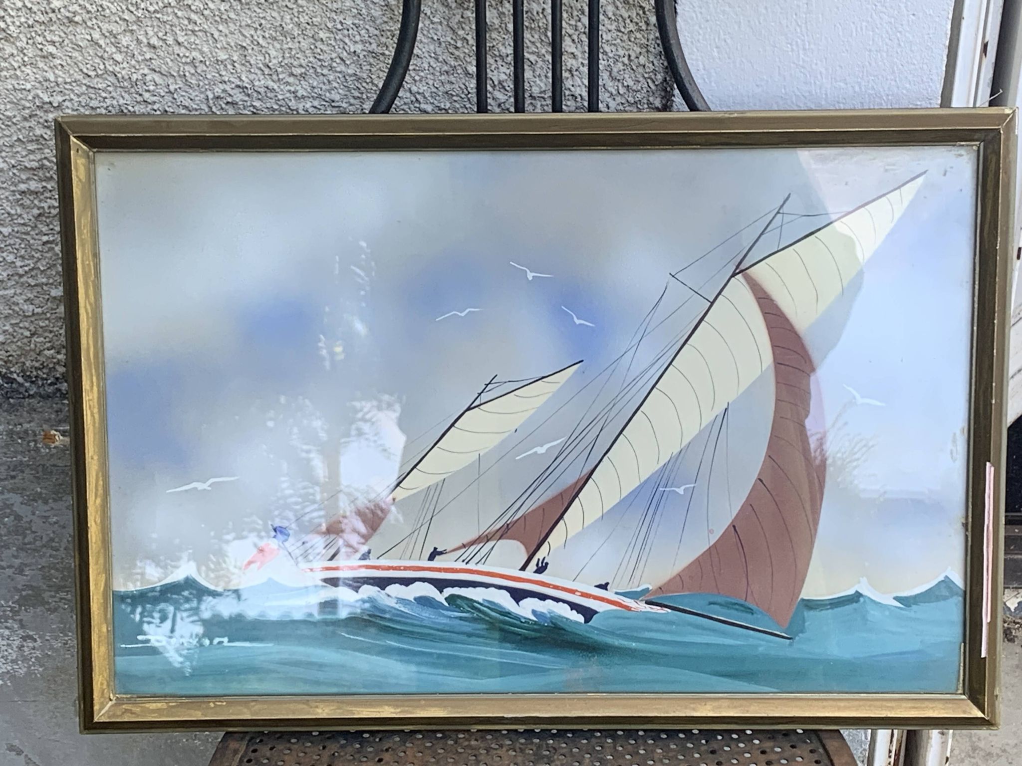 Tableau peinture marine, voilier signe Dorvom, encadre, vintage