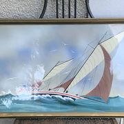 Tableau peinture marine, voilier signe Dorvom, encadre, vintage