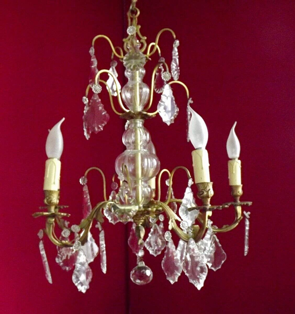 French antique 5 light brass crystal & glass acanthus leaf chandelier