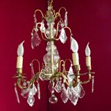 French antique 5 light brass crystal & glass acanthus leaf chandelier