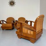 Set of 4 woven rattan armchairs, colonial style, 1950s
