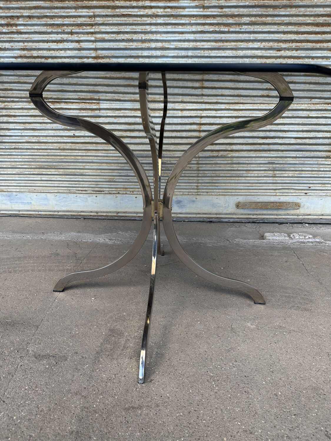 1970s table – chrome, brass, and smoked glass