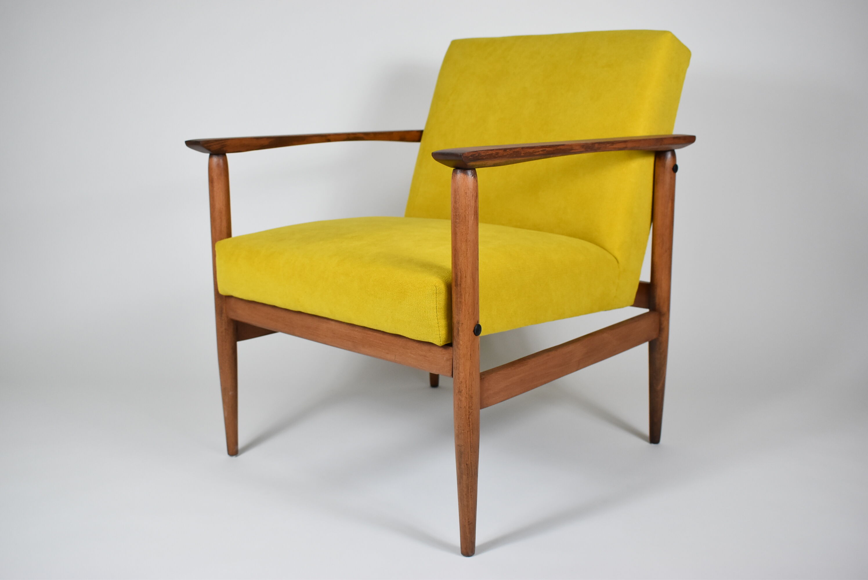 Vintage armchair yellow fabric, teak wood, 1960s