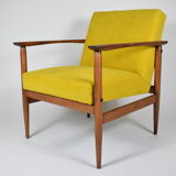 Fauteuil vintage en tissu jaune bois de teck années 1960