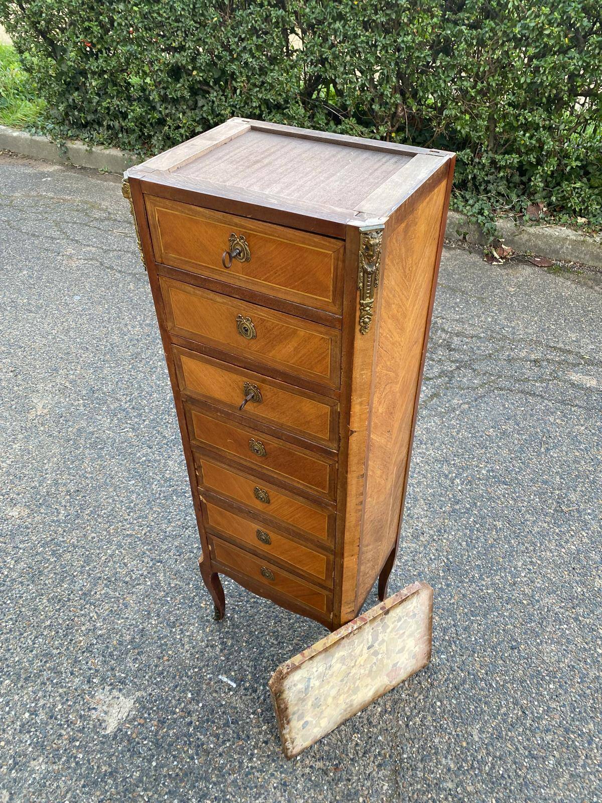 Louis XV transition XVI chest of drawers with 7 drawers in wood and marble