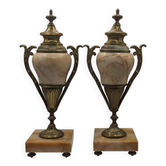 Paire cassolettes pendules amphores de cheminée marbre bronze 900 28cm