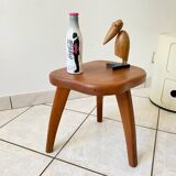 Brutalist tripod stool in solid elm, 1960s