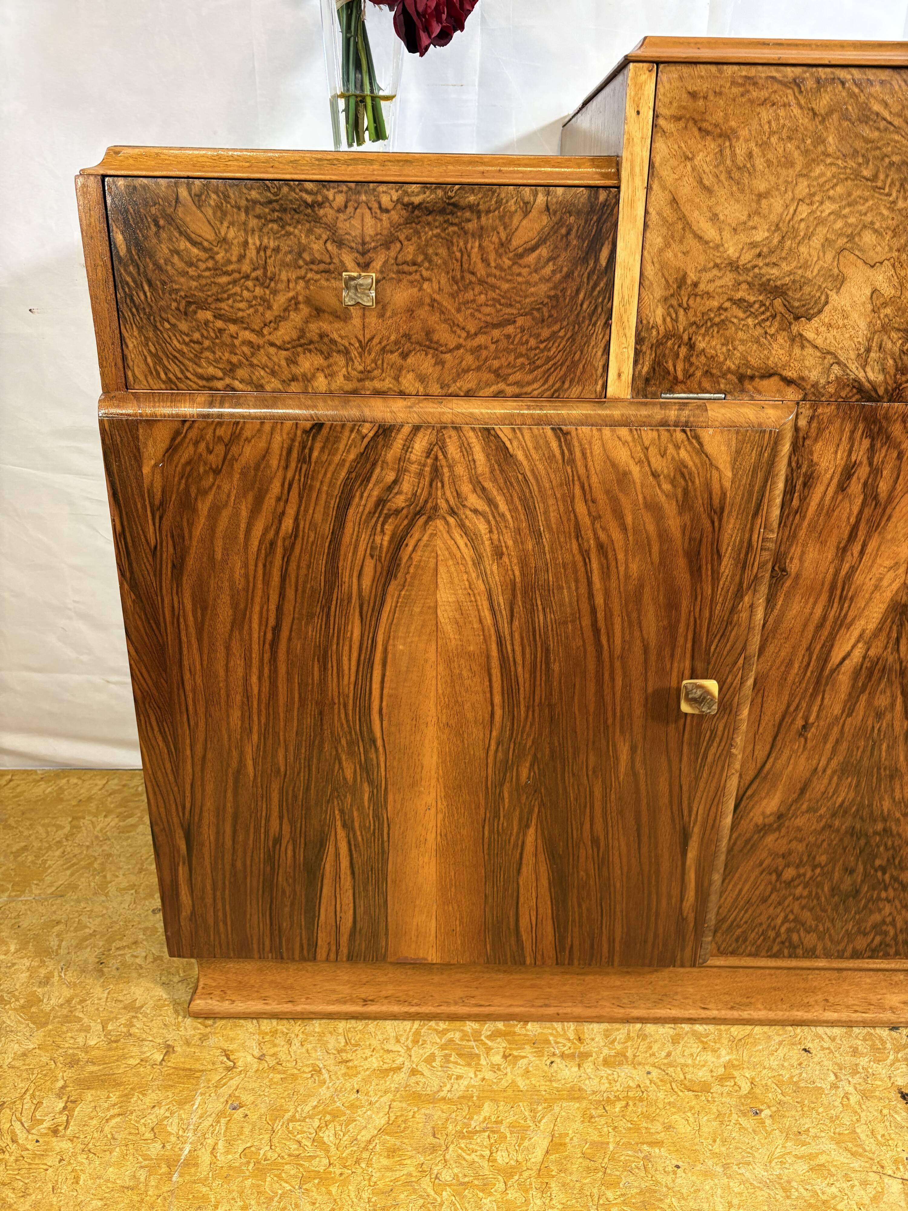 Art Deco English Burr Walnut Cocktail Sideboard – Circa 1930s  A stunning o