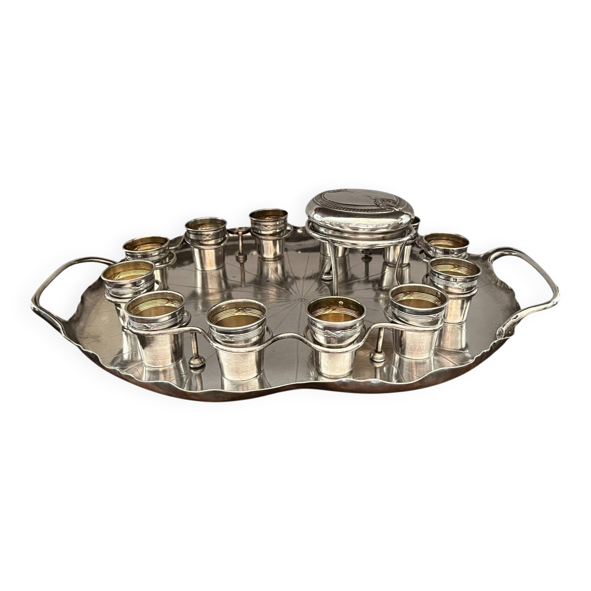 Silver-plated metal caviar service and 12 silver Minerva goblets, circa 1900