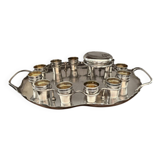 Silver-plated metal caviar service and 12 silver Minerva goblets, circa 1900