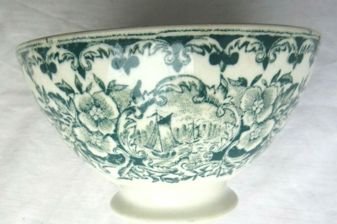 Bol ancien fleuri gris-bleu avec 2 tableaux de voiliers et Rose des vents au fond