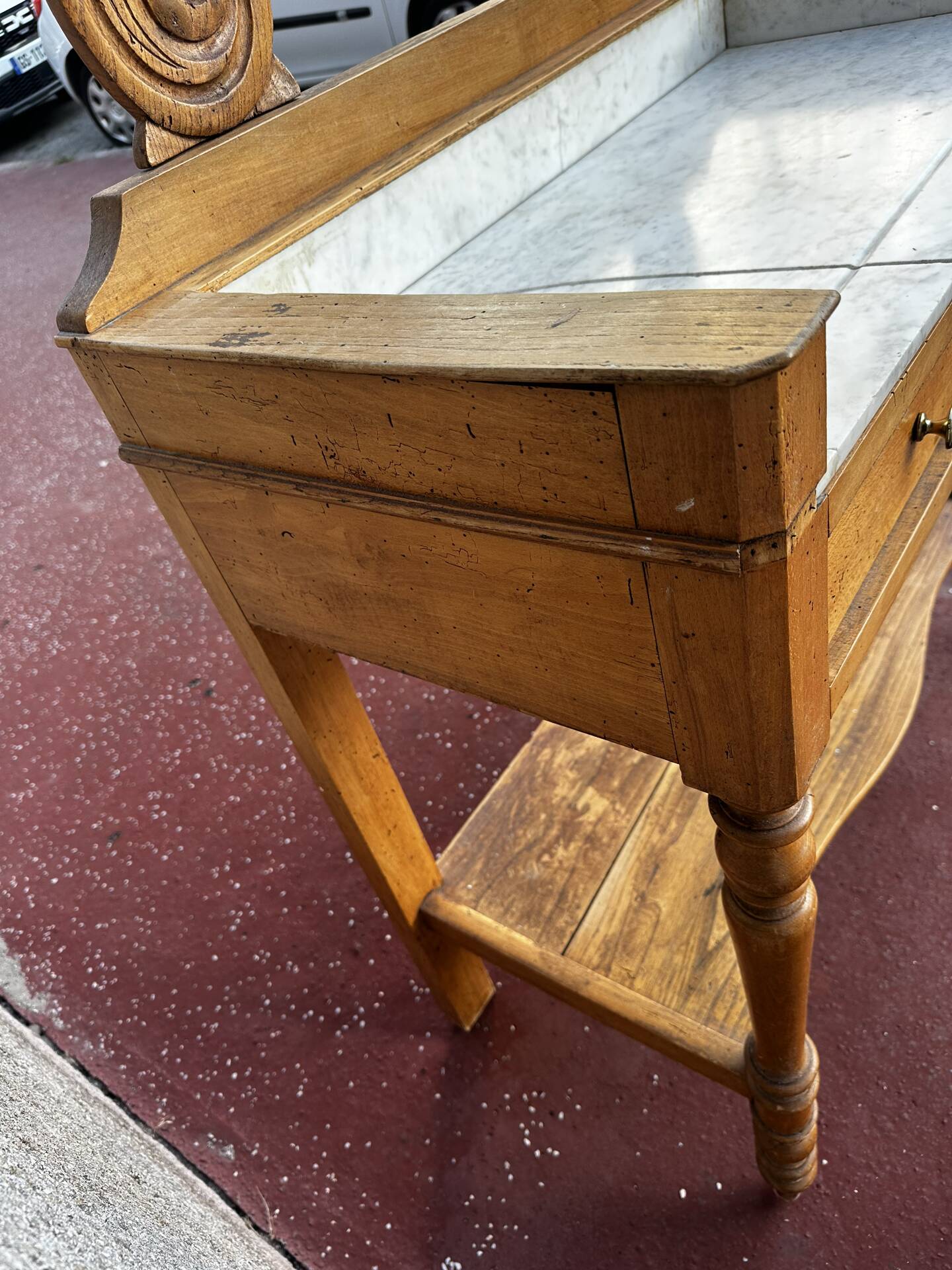 Walnut and marble dressing table, mercury mirror, circa 1850.