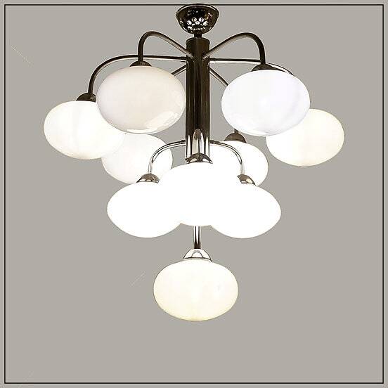 10-light chandelier in opaline and chrome-plated metal, 1960