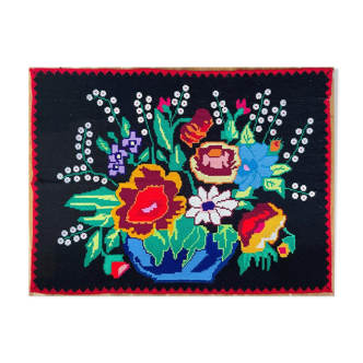 Vintage floral Romanian carpet, colorful design, bohemian