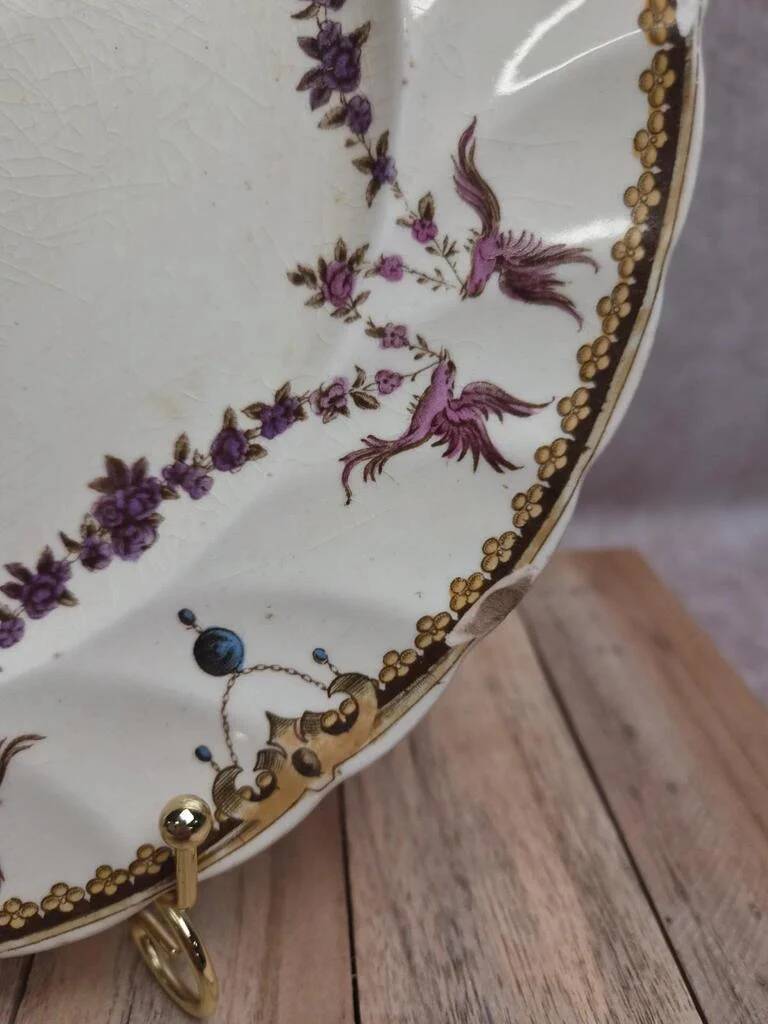 Antique English plate Clarendon P.b.&s – decoration of mauve birds & flowers – Oriental Ivory