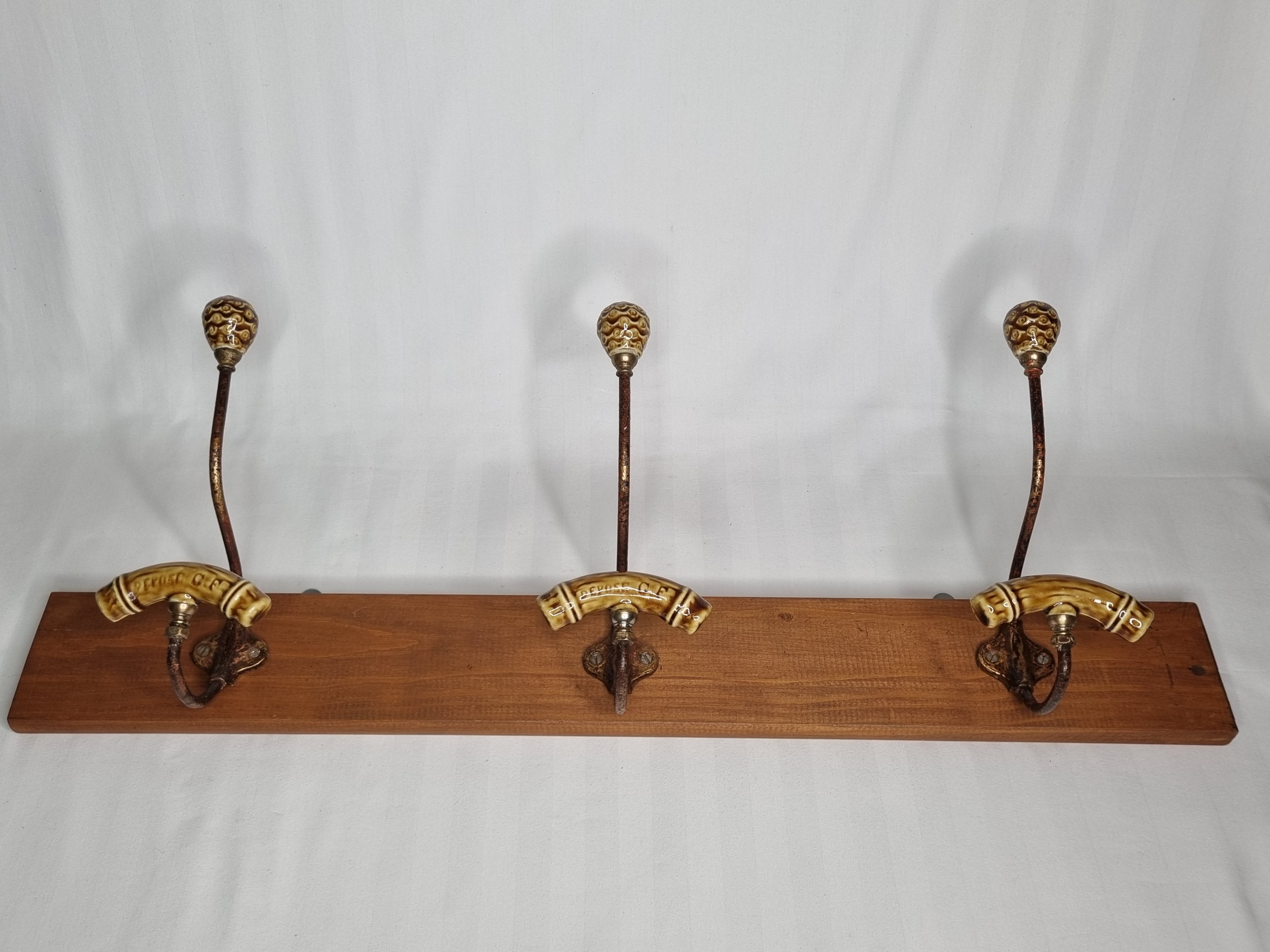 Wall coat rack, three metal and ceramic hooks in imitation of bamboo, 1900
