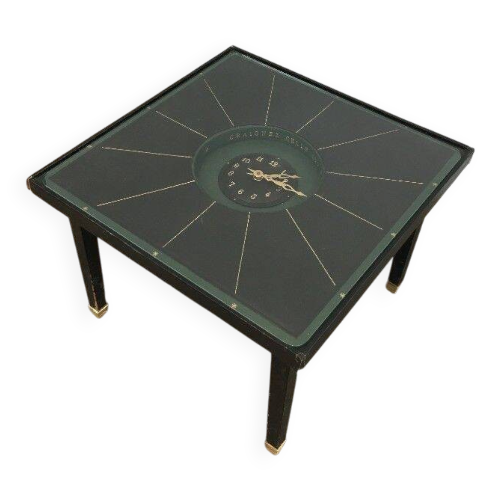 Rare small clock table in leather and brass. In the style of Jacques Adnet.