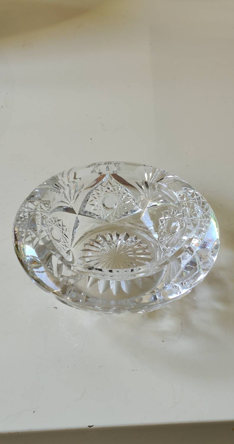 Bohemian cut crystal ashtray/pocket tray. Star/cross-hatched motifs.