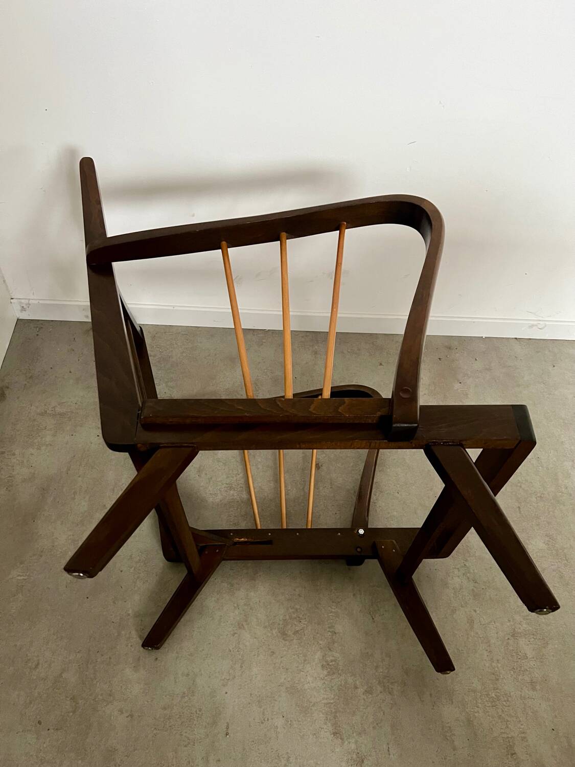 Set 2 old designer fireside chairs from the 50s wood and vintage fabric