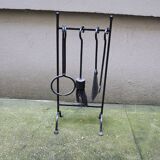 Old Black Wrought Iron Fireplace Servant - 4 Tools