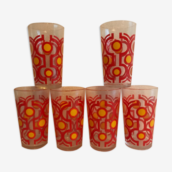 Série de 6 verres sérigraphiés vintage années 70  orange jaune made in italie