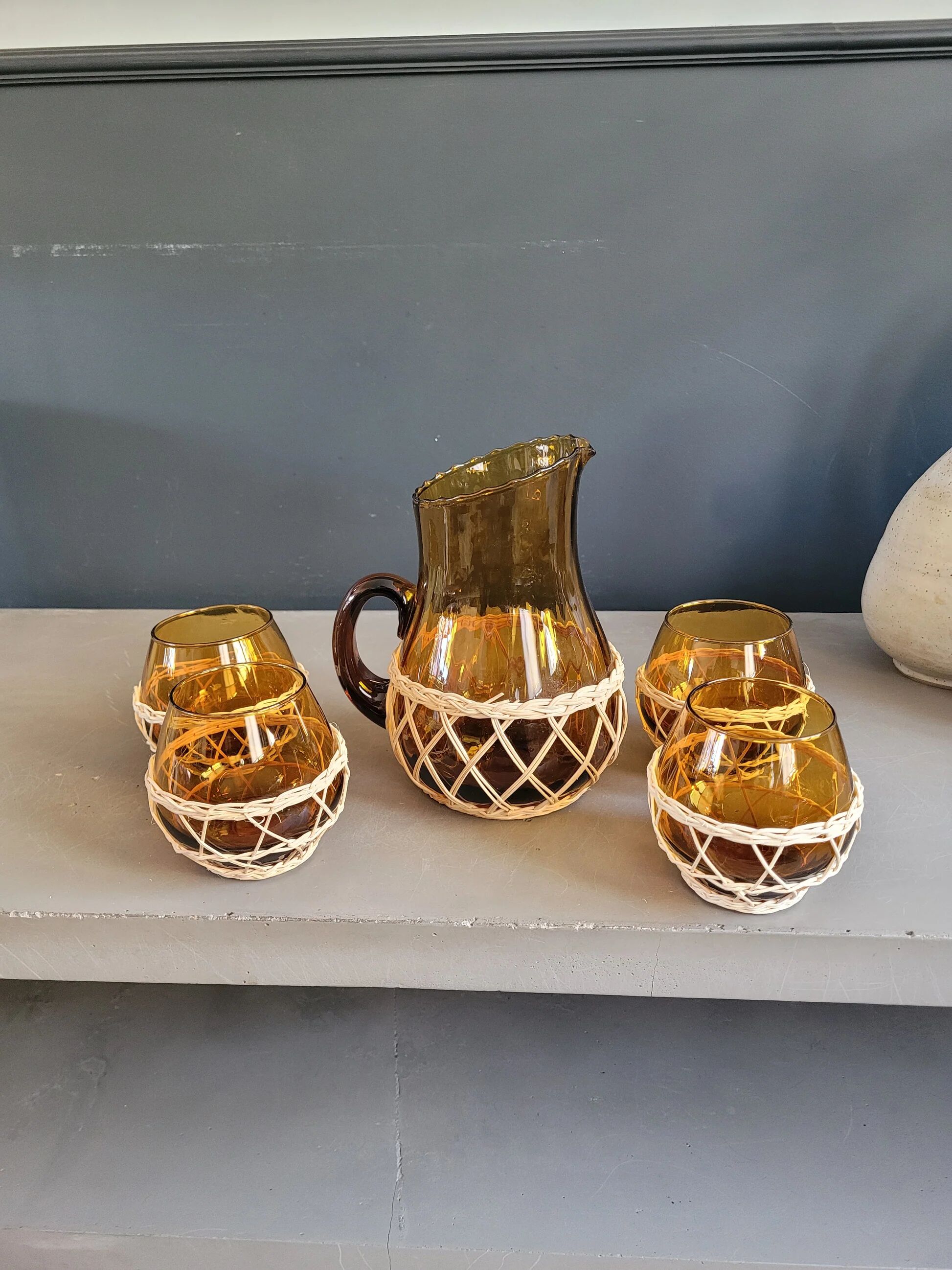 Amber glass and wicker lemonade service