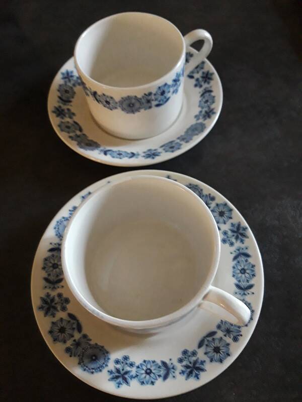 2 white cups + saucers with Luneville blue decor