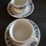 2 white cups + saucers with Luneville blue decor