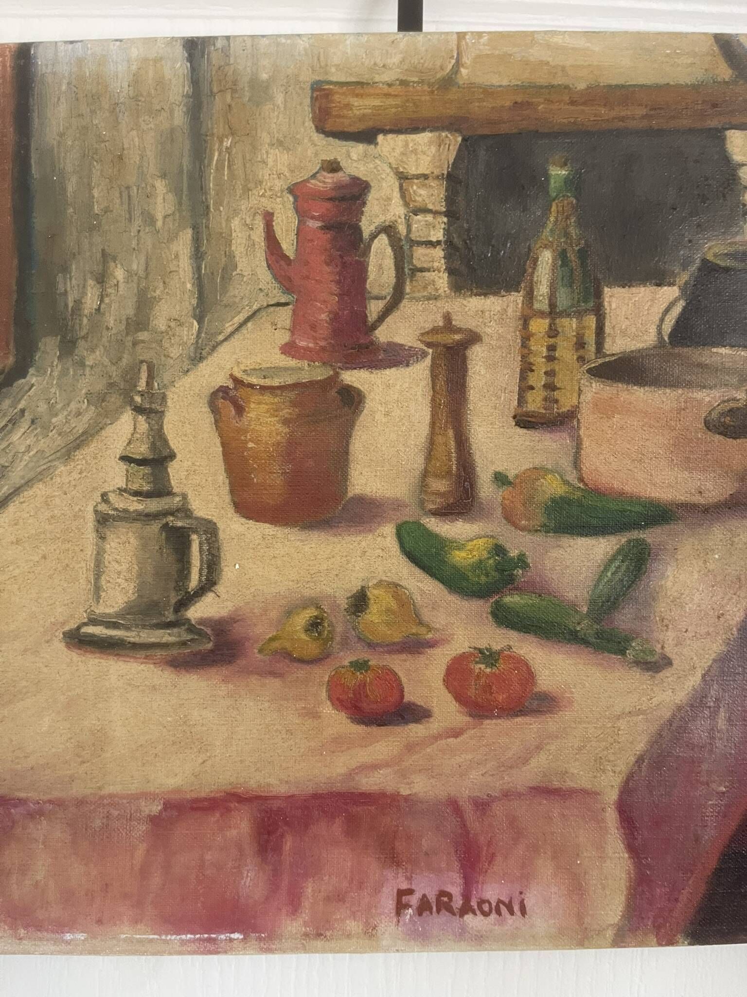 Old oil painting canvas still life kitchen fireplace faraoni