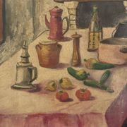 Old oil painting canvas still life kitchen fireplace faraoni