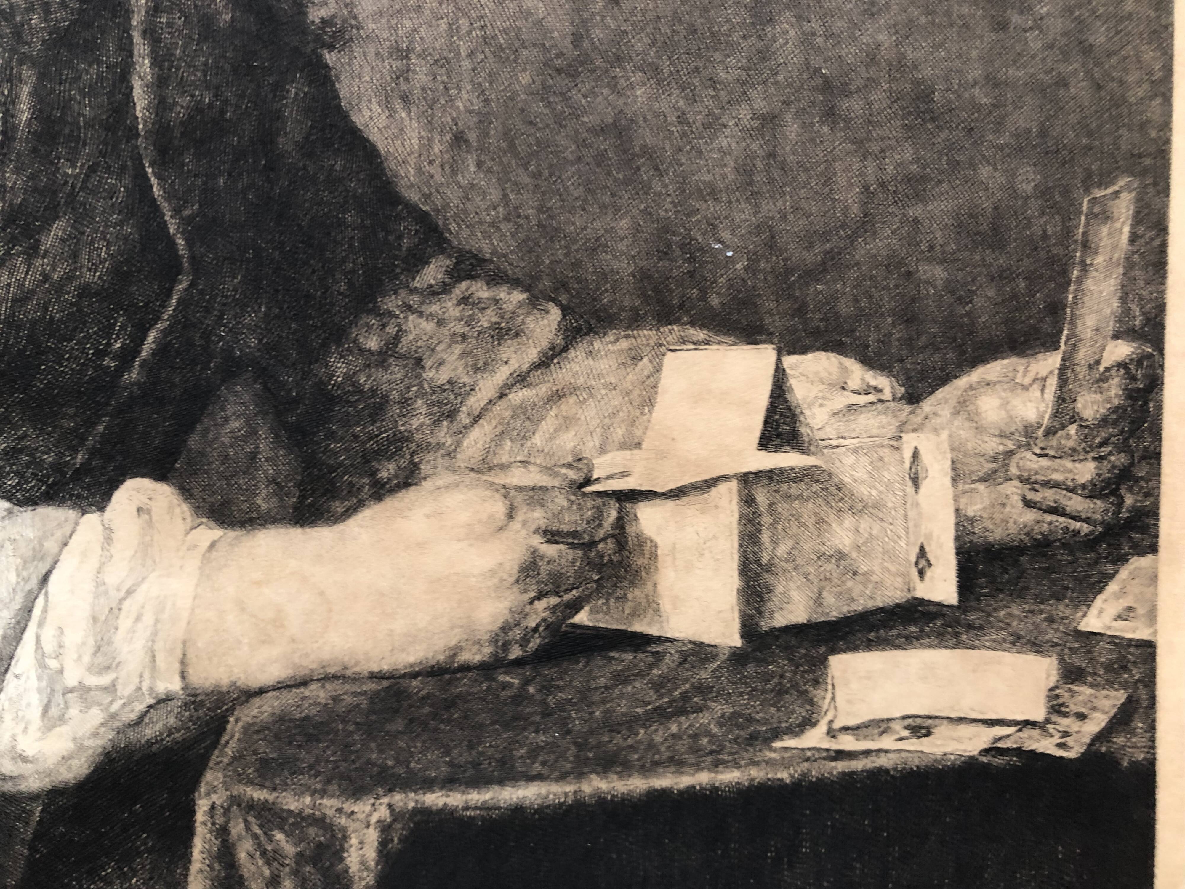 Engraving 1924 le chateau de cartes after chardin, signed berengier pencil, litho etching burin